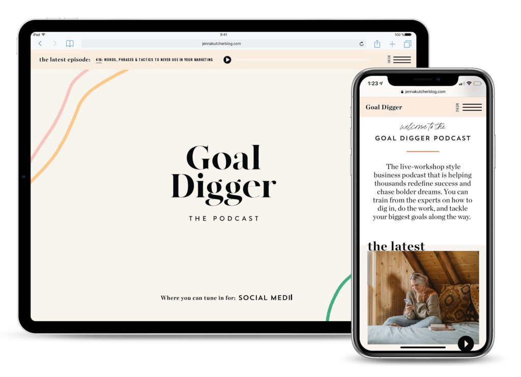 Website Designers Northfolk and Co designed  Jenna Kutcher's the Goal Digger Podcast's website on Showit. 