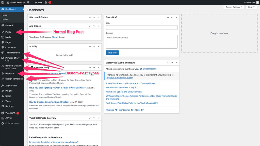 WordPress dashboard highlighting custom post types