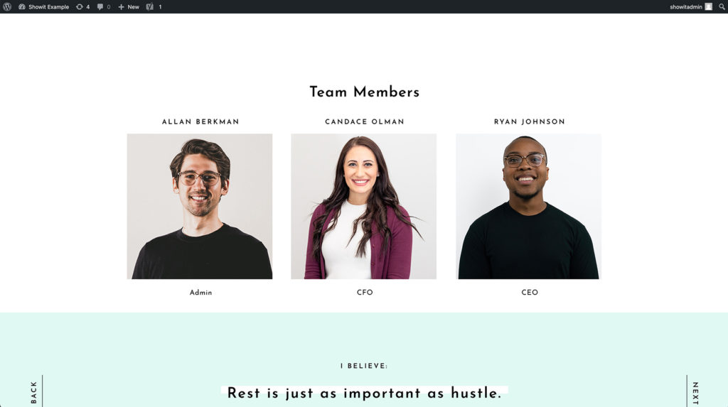 3 team members showing up from a Custom Post Type on our Showit site