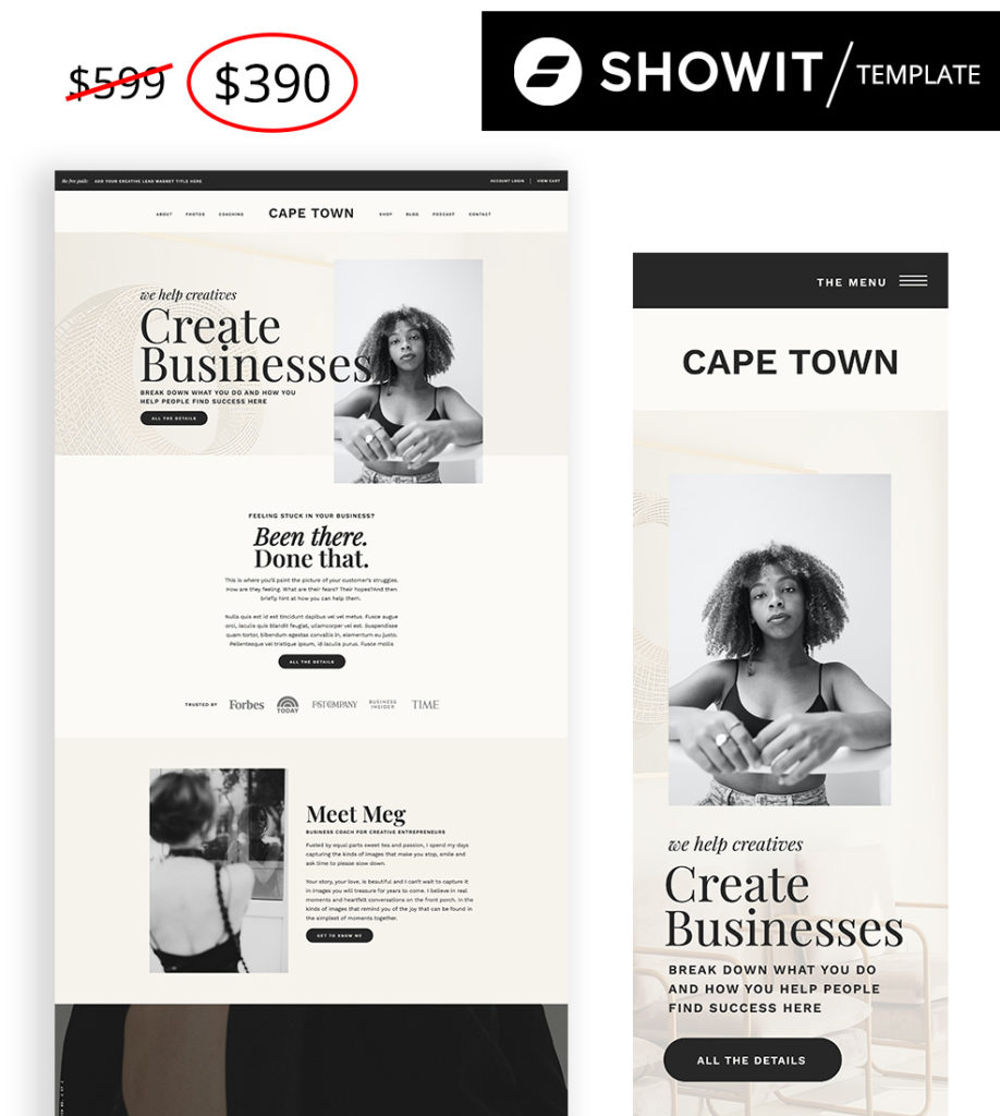 Cape Town showit website template for course creators Black Friday sale prices