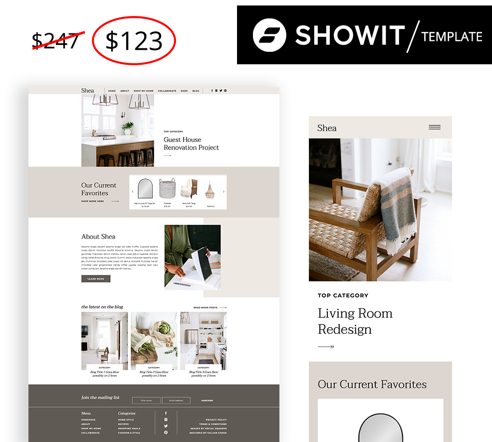 The Shea showit website template for interior designers black friday sale price